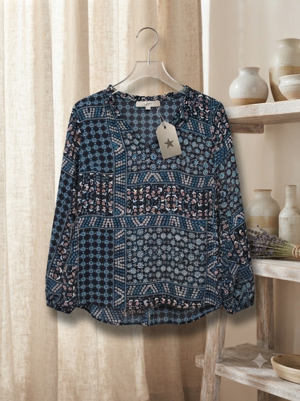LOFT Navy Multi-Print Long-Sleeve V-Neck Blouse